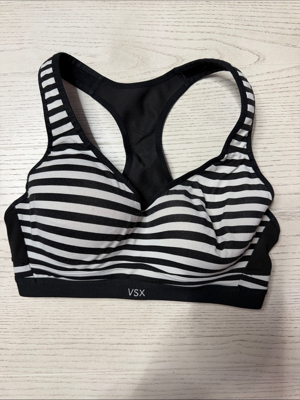 VSX Black and White Striped Padded Racerback Sports Bra